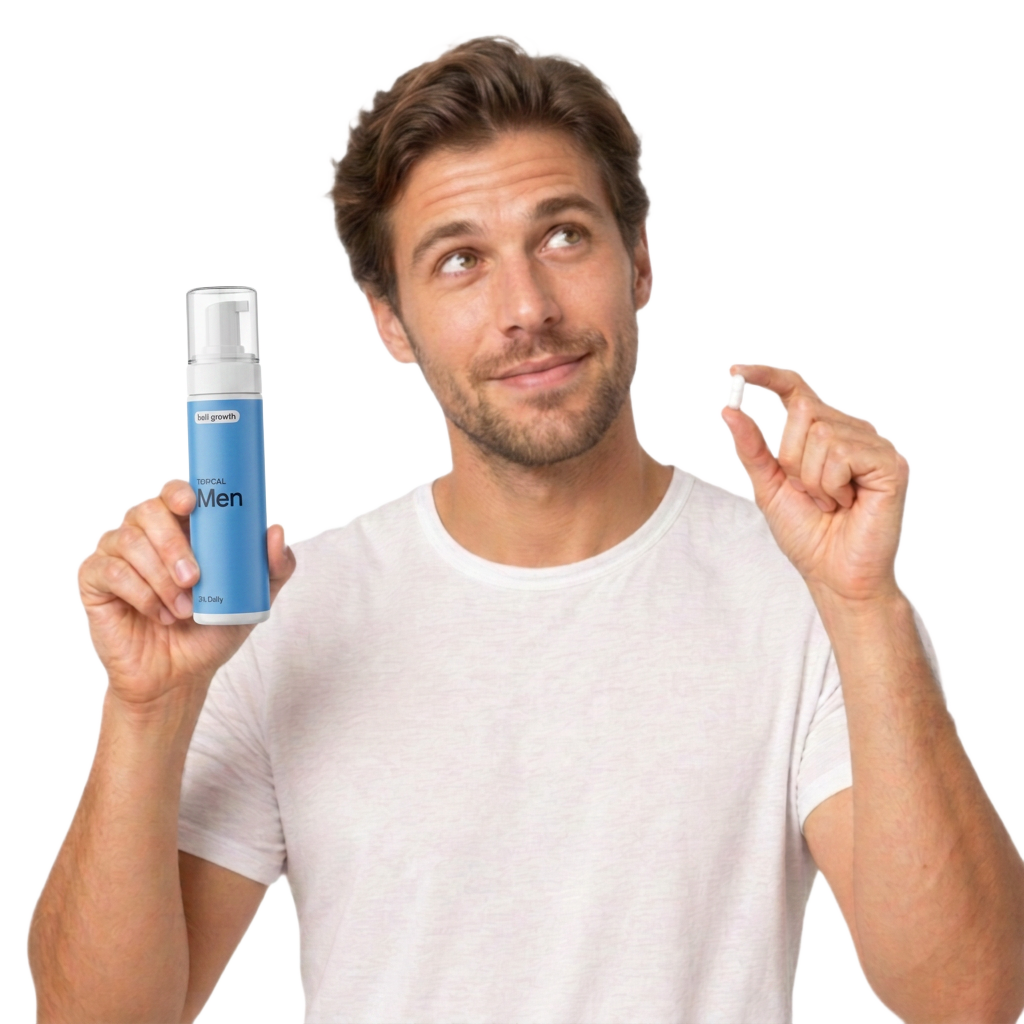 Man thinking while holding Men's Advanced Hair Spray and a hair growth tablet