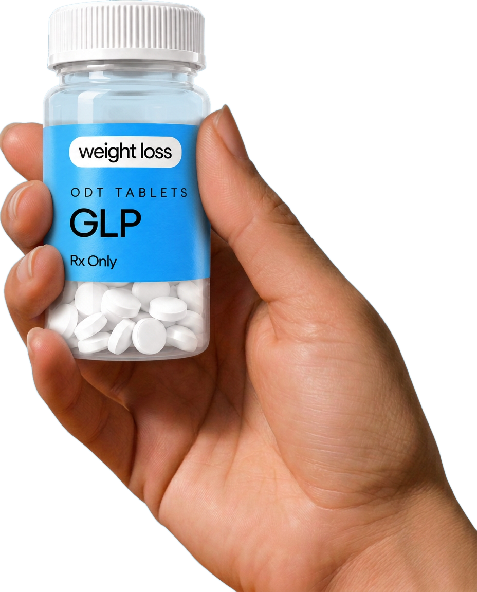 Hand holding a clear bottle of weight loss ODT tablets; illustrative packaging, not the oral weight-loss medication provided