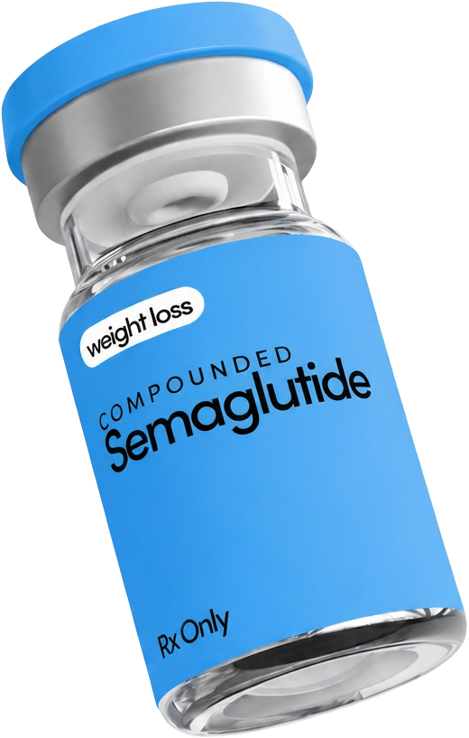 Vial of compounded semaglutide GLP-1 weight loss injection from Luma — new patient promo from $99 per month