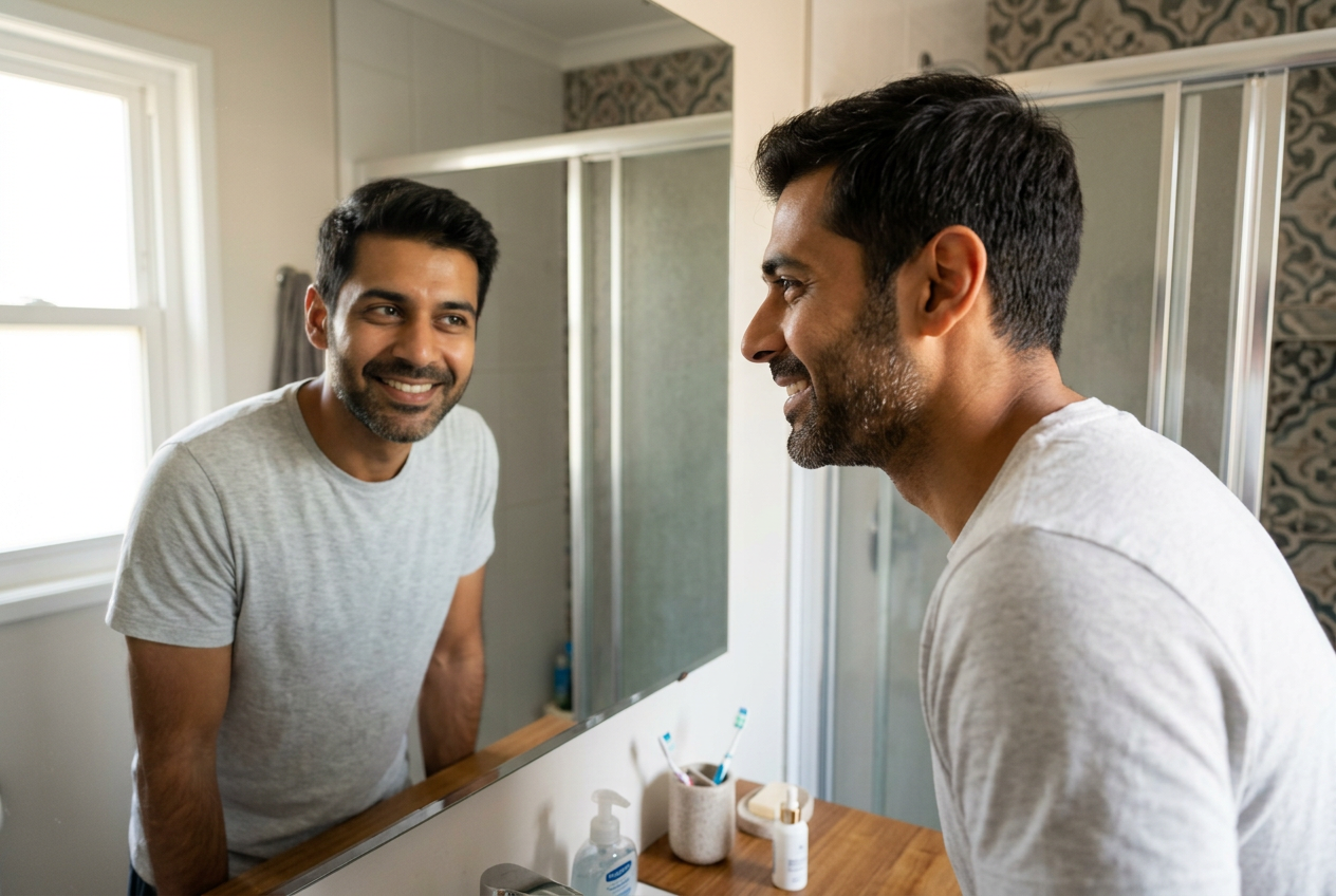 Man in his late 30s smiling at his reflection in a bathroom mirror, looking pleased with his clearer, healthier-looking skin