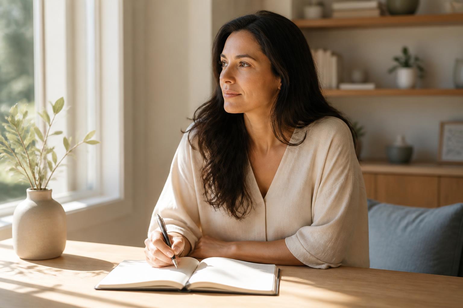 Woman in her 40s working at a sunlit desk with clear focus, illustrating how NAD+ supports mental clarity and less brain fog
