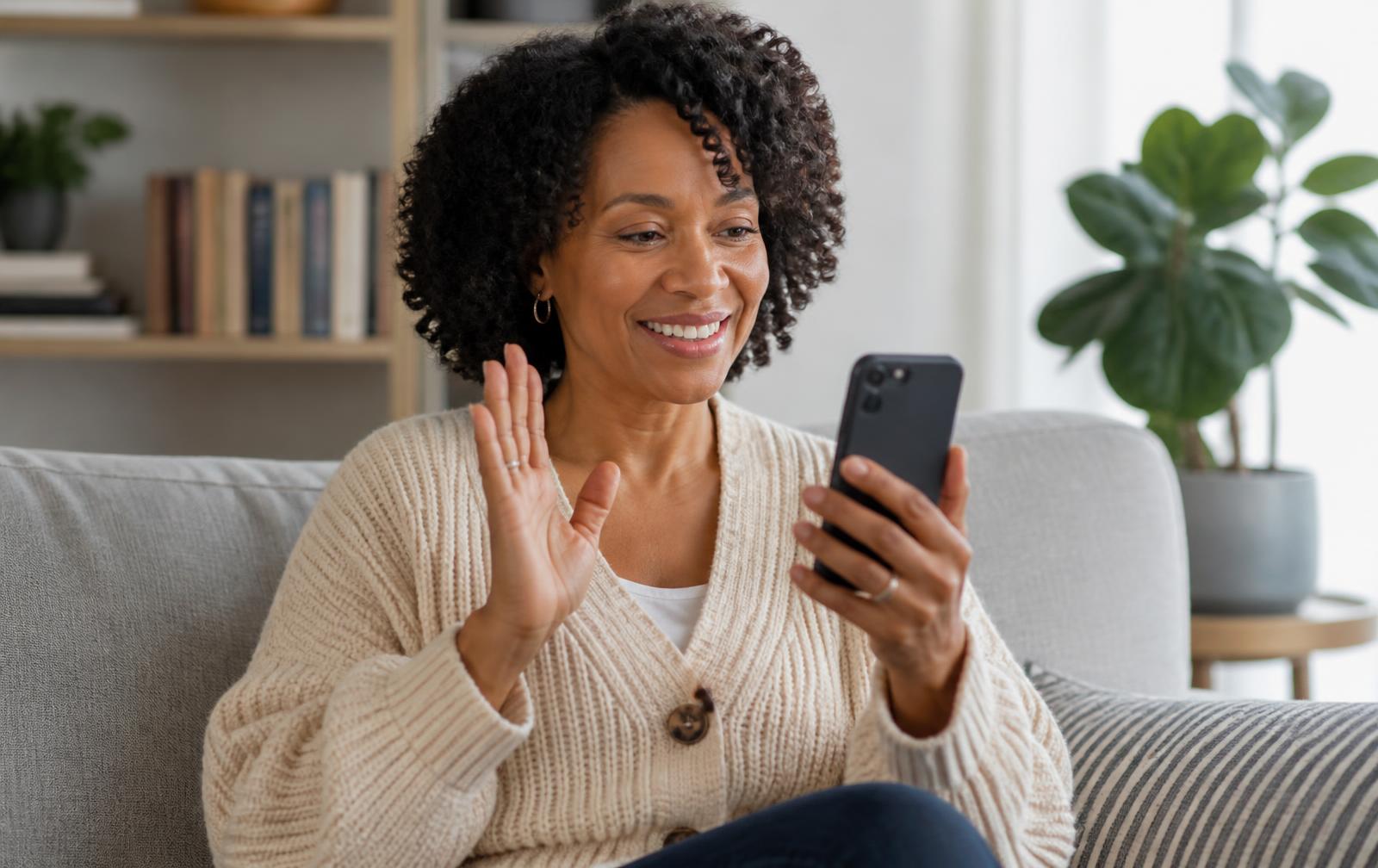 Black woman in her 50s waving during a telehealth video call on her phone, discussing whether compounded Sermorelin is appropriate for her