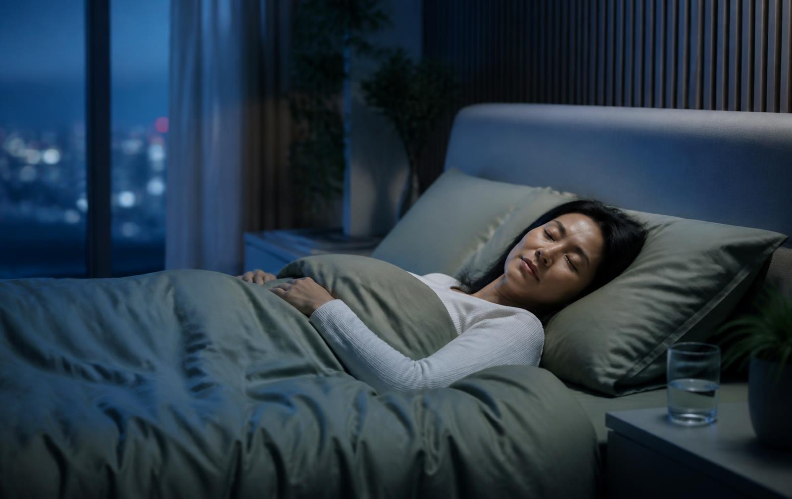 Asian woman sleeping peacefully in a modern bedroom with city lights visible through the window, illustrating deep slow-wave sleep and natural growth hormone release