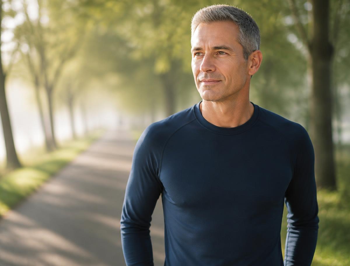 Man outdoors after a morning walk, supporting recovery with physician-guided Sermorelin from Luma