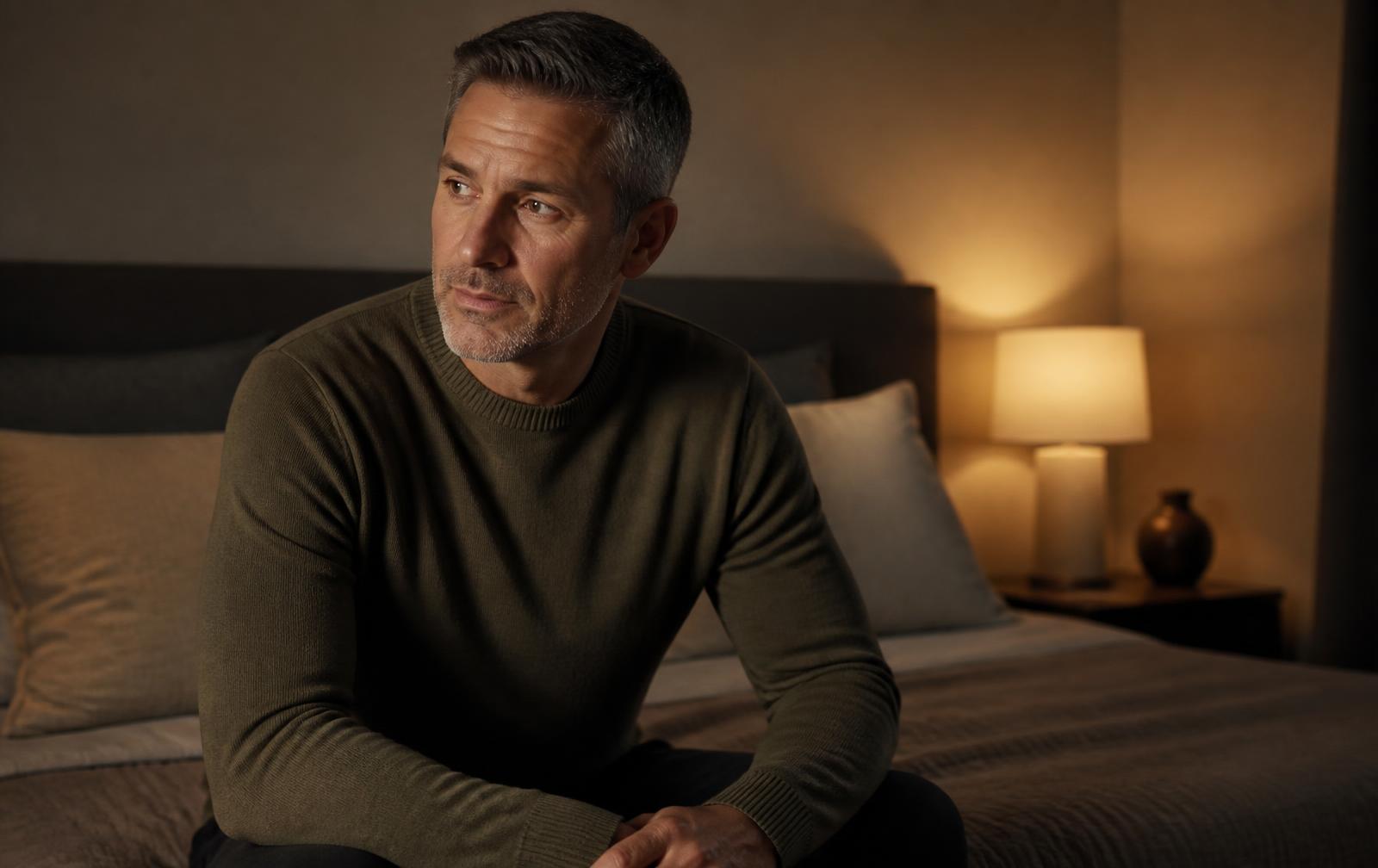 Man sitting on the edge of his bed at night, illustrating the link between deep sleep and natural growth hormone release