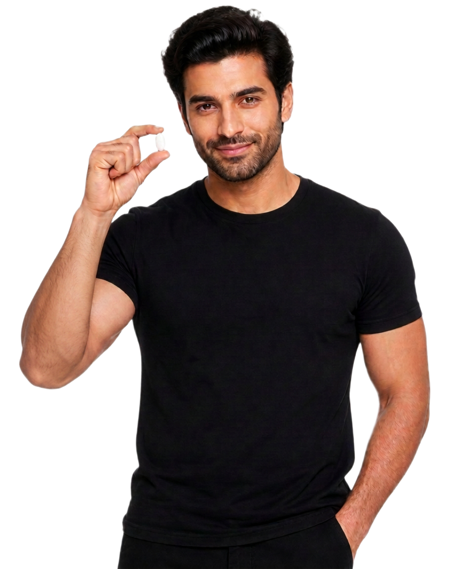 Man holding a hair growth tablet
