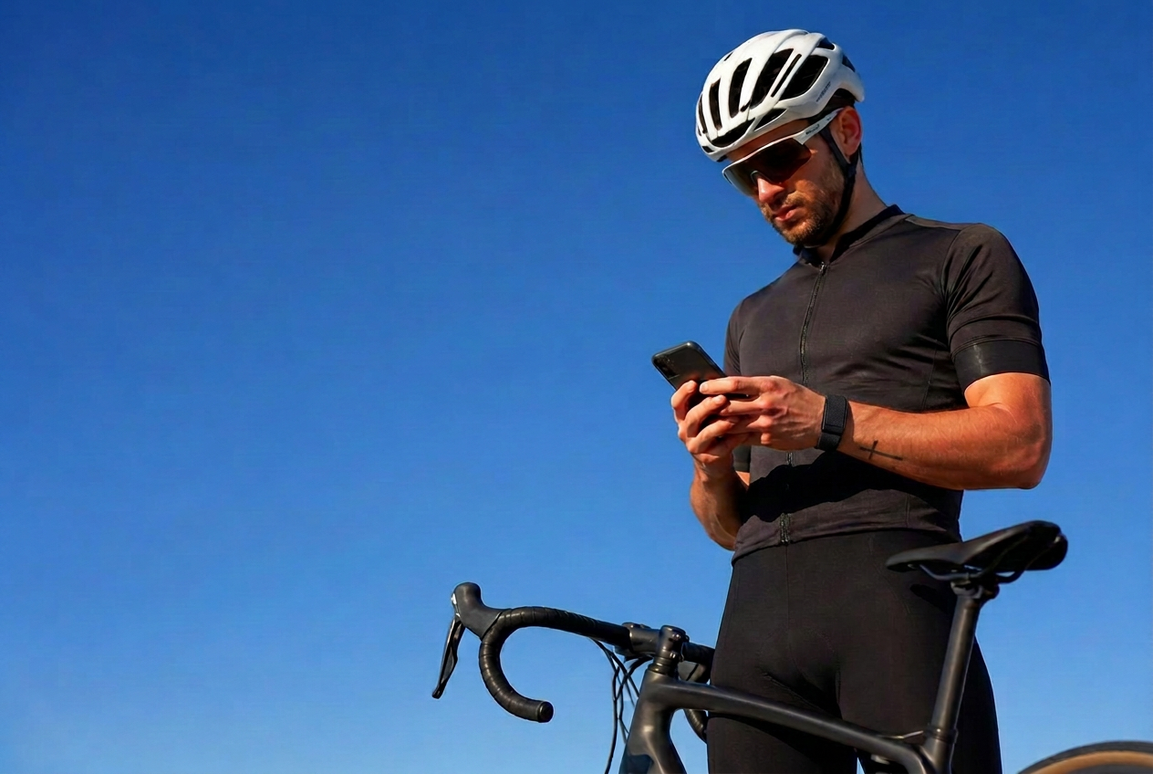 Cyclist checking his treatment plan on a phone