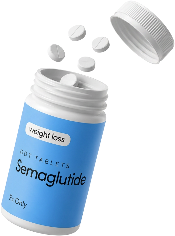 Bottle of compounded Semaglutide ODT oral dissolving tablets with ondansetron nausea support from Luma — new patient promo from $159 per month