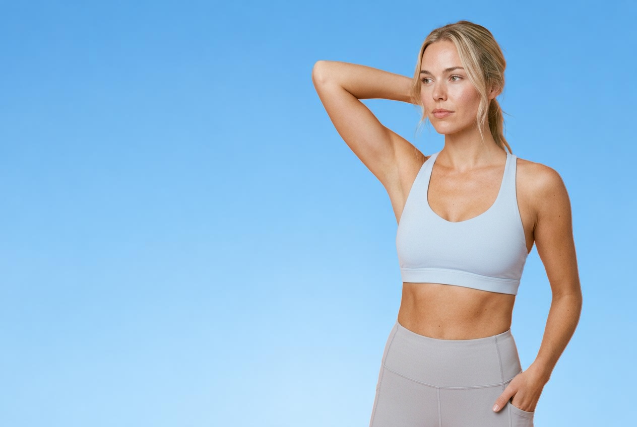 Blonde woman in blue activewear against a blue backdrop
